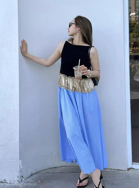 撞色高端欧货醋酸三段式拼接连衣裙女夏宽松一字领背心吊带长裙子