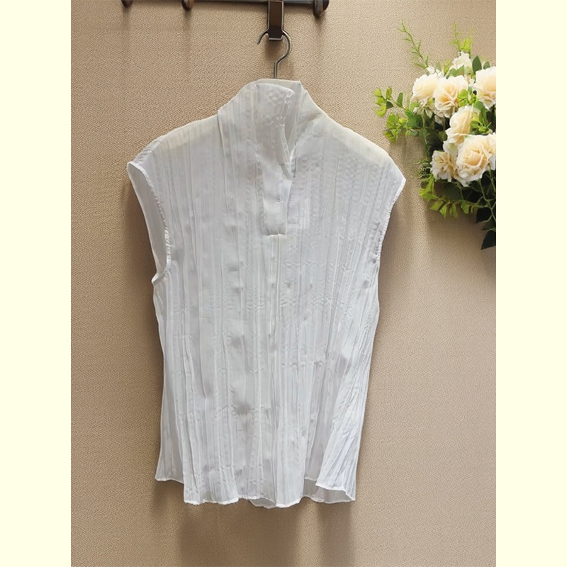 白色薄纱立领无袖衬衫女2025早春