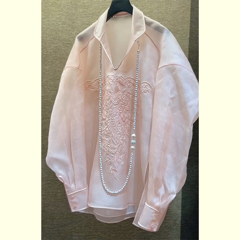 新中式国风粉色刺绣防晒衬衫女夏