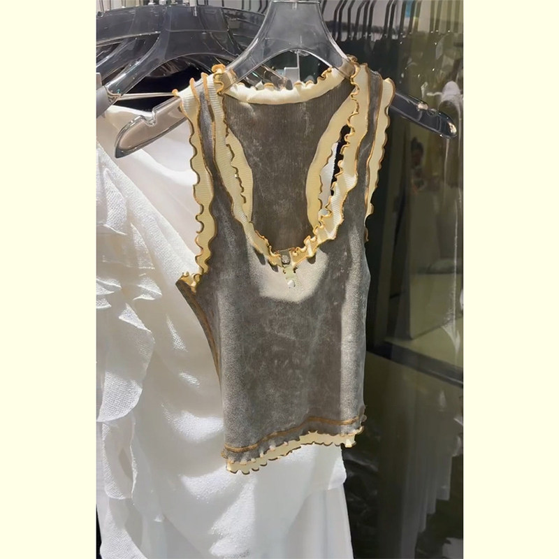 复古撞色木耳边针织背心女2025夏季新款修身显瘦辣妹无袖T恤上衣,女装/女士精品,T恤,淘宝优惠券,粉丝福利购,淘宝优惠卷