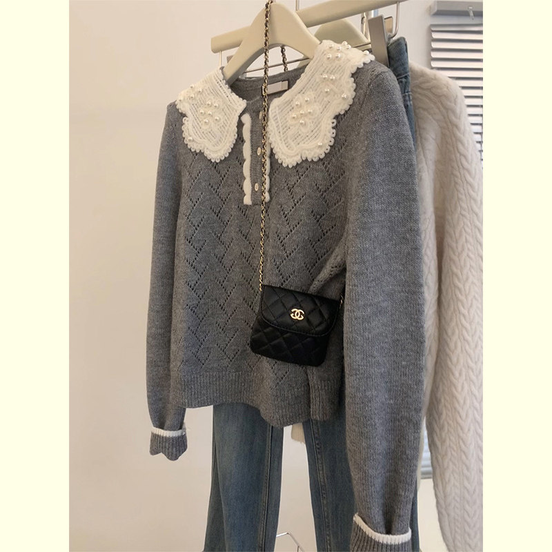 法式小香风撞色娃娃领针织衫女2025早秋新款甜美减龄软糯长袖毛衣,女装/女士精品,大码内搭,淘宝优惠券,粉丝福利购,淘宝优惠卷