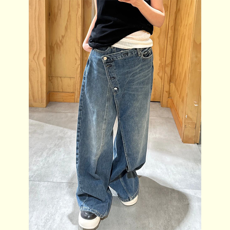 不规则斜门襟复古牛仔裤早秋新款