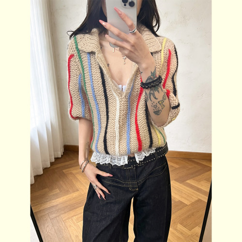 粗针编织彩色条纹拼色针织短袖女