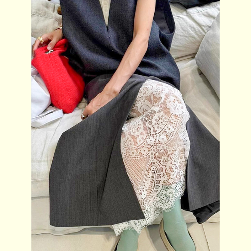 洋气灰色坎肩马甲开叉裙子两件套