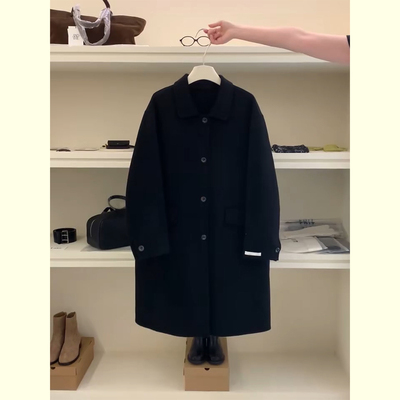 高级感黑色中长款毛呢外套女2025