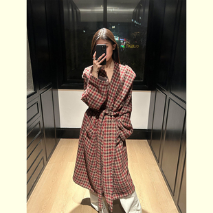 小众设计感千鸟格大衣女2025年秋冬新款大码上衣连帽绑带宽松外套