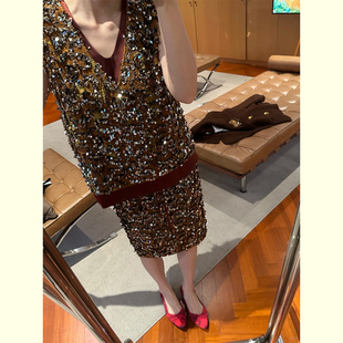 高级感秋季 重工精致撞色亮片背心裙子两件套 穿搭一整套女2025新款