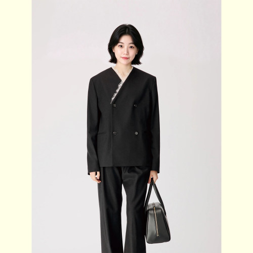 设计感蕾丝装饰拼接西装外套女