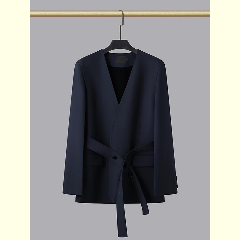欧货洋气V领系带收腰西装外套女