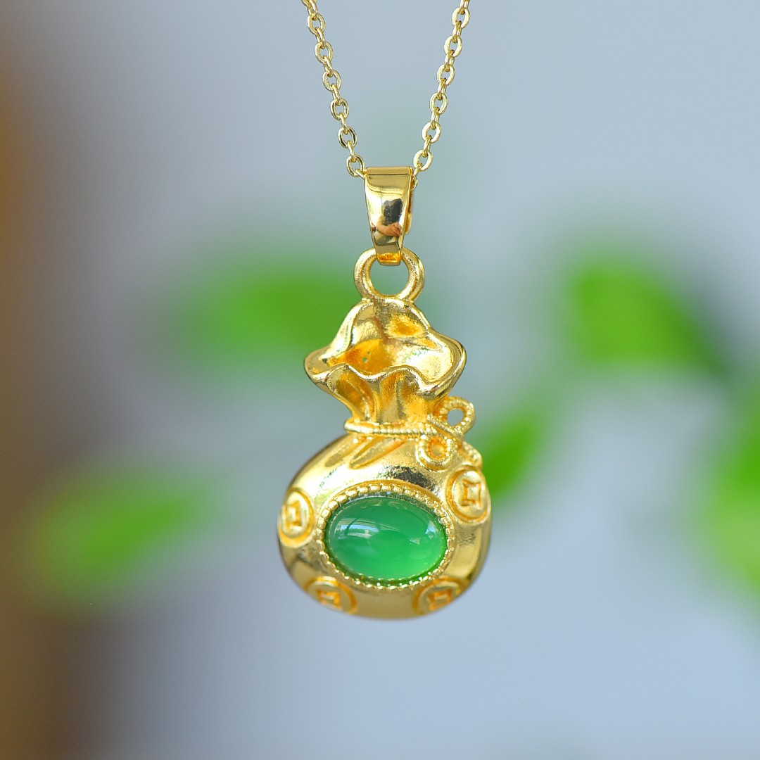 古法鎏金镶嵌天然冰种帝王绿玉髓福袋吊坠玛瑙项链配证书礼盒链子