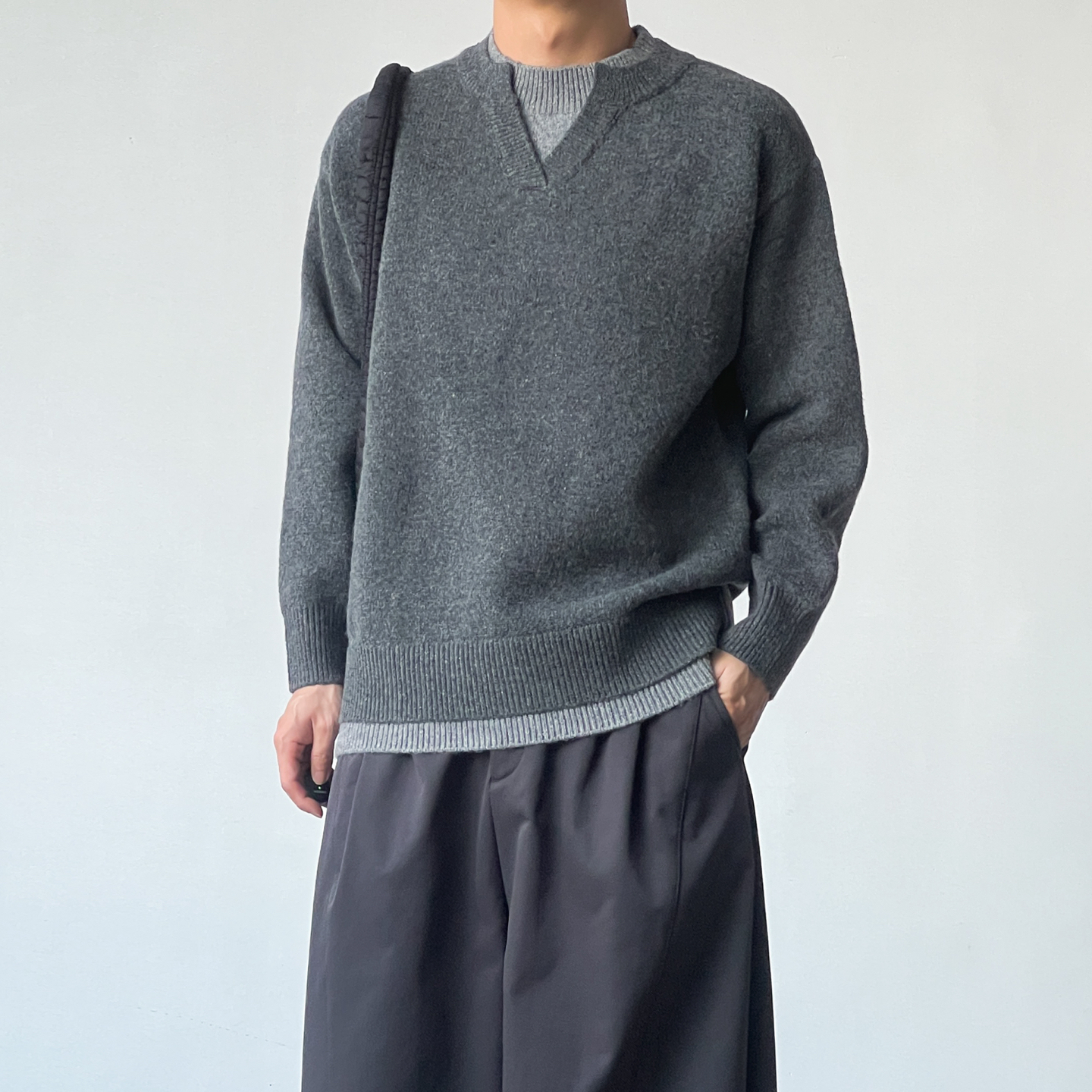 bromad假两件V领套头圆领毛衣