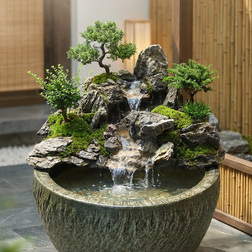 客厅小型假山流水古法鱼缸