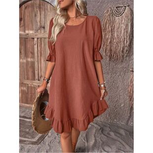 neck mid sleeve Women 纯色宽松圆领中袖 round dress 连衣裙女
