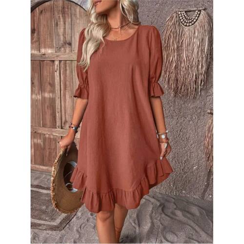 Women's round neck mid sleeve dress 纯色宽松圆领中袖连衣裙女
