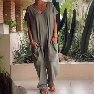 pants women 女士连身裤 pocket jumpsuitV领口袋长裤 neck