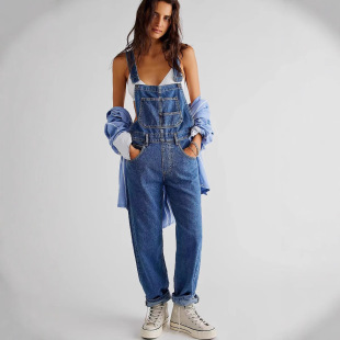 color 女士纯色宽松纽扣休闲背带裤 loose overalls casual Solid