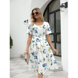 round neck mid Women dress printed length 印花圆领连衣裙女