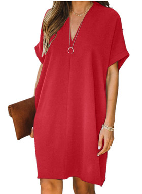 For Women Retro Short Sleeve Red Basic Dress Femme Robes
