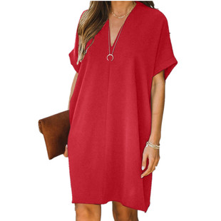 For Women Retro Short Sleeve Red Basic Dress Femme Robes