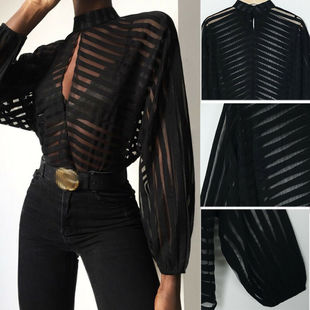 Ladies Striped Cutout Top Sexy Long Sleeve Sheer Blouse