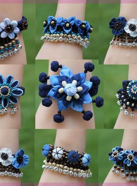 云南民族大理白族纯手工扎染蓝染布艺铃铛花朵女手链个性舞蹈饰品