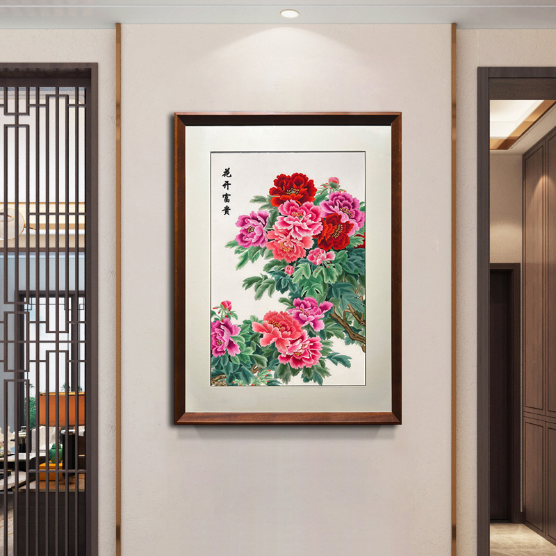 纯手工刺绣挂画牡丹新中式玄关装饰画入户走廊过道非遗苏绣挂画图片
