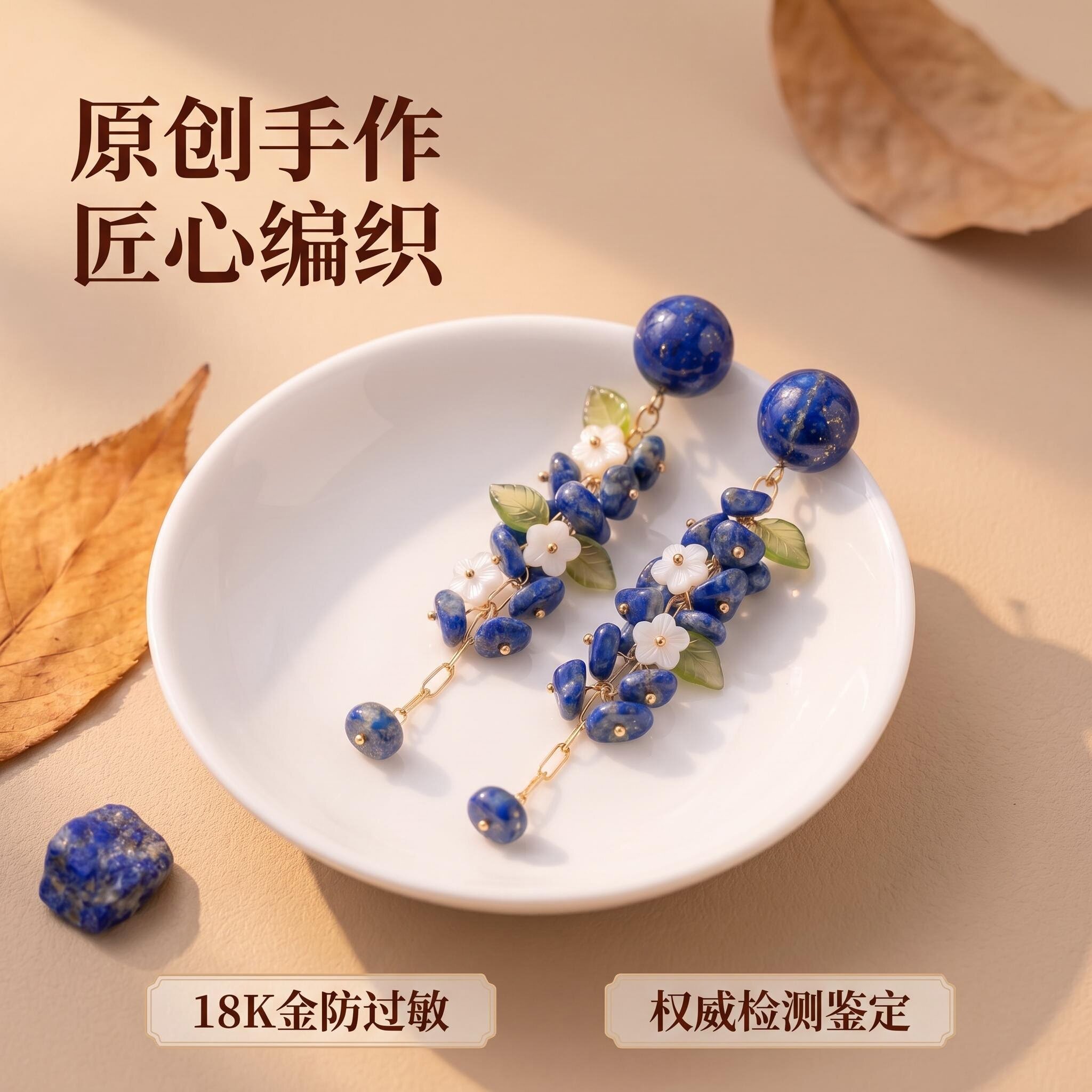 青金石花朵手工耳钉国风超仙