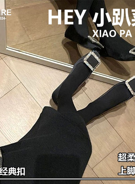 2024新款秋冬浅口平底黑色水钻百搭通勤工作鞋子女方头方扣rv单鞋