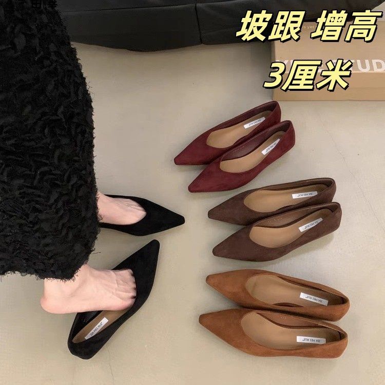 复古低跟尖头浅口单鞋女鞋子2025新款春秋季绒面气质一脚蹬通勤鞋