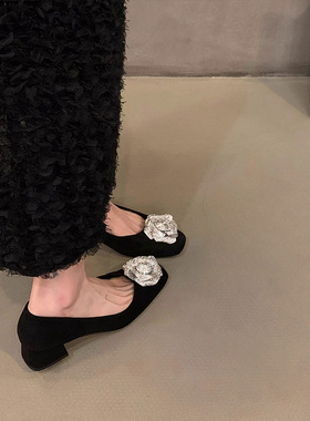法式高级感方头水钻黑色单鞋通勤百搭2024新款春夏秋冬中高跟鞋