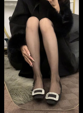 秋冬浅口单鞋黑色船鞋方扣水钻粗跟中跟瓢鞋子平跟平底rv高跟鞋女