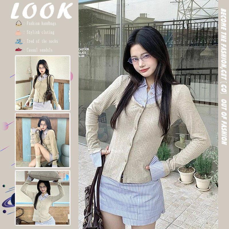 甜美学院风Polo领假两件拼接衬衫女条纹显瘦半身短裙秋冬季两件套