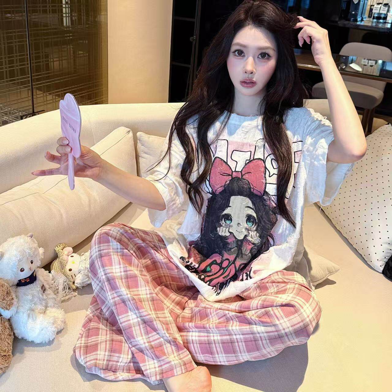 夏季薄款短袖女睡衣套装带胸垫