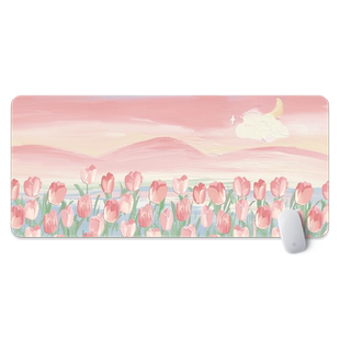 油画郁金香鼠标垫子女生高颜值超大号唯美文艺风办公电脑桌垫锁边