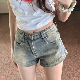 女2025夏季 美式 百搭复古牛仔短裤 新款 ins潮 辣妹高腰显瘦修身 热裤