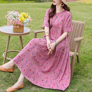 宽松显瘦裙子 2025新款 棉绸连衣裙女夏季 短袖 气质洋气海边度假长款