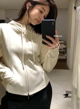 Metwo&Hers港味加厚连帽卫衣开衫女修身显瘦鱼骨收腰抖音热门