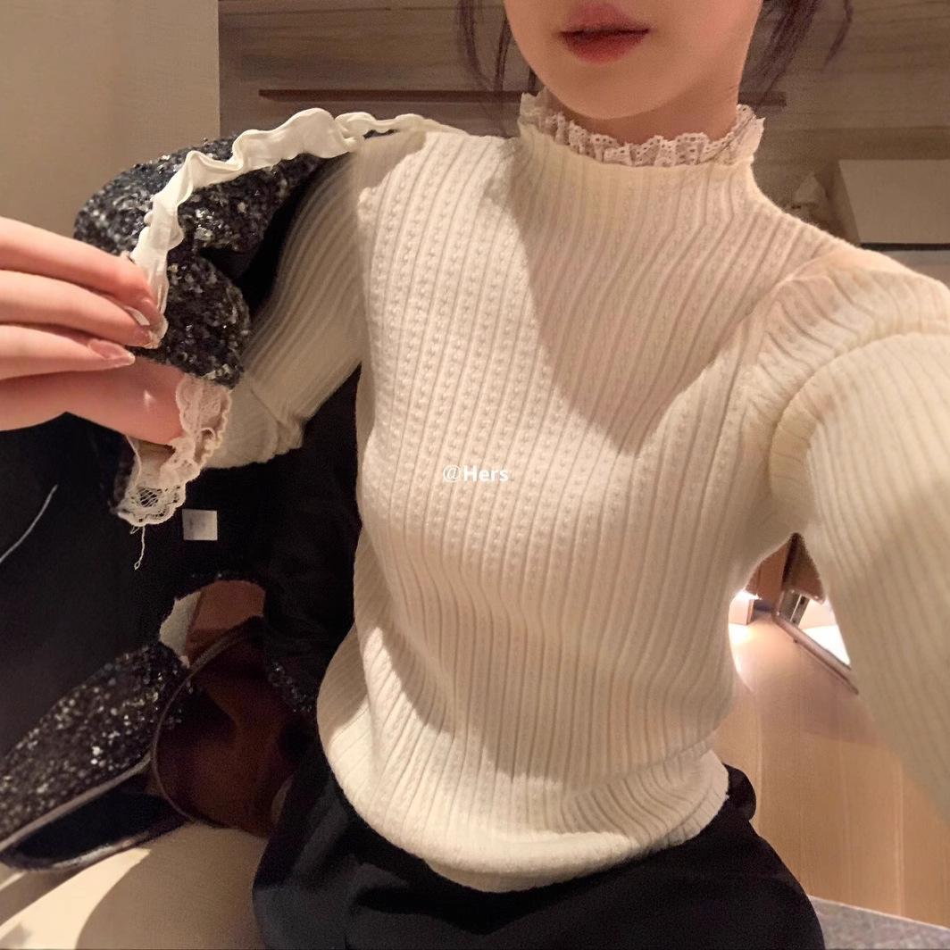 Hers秋冬新款韩版ins时尚打底拼接蕾丝甜美修身显瘦针织衫