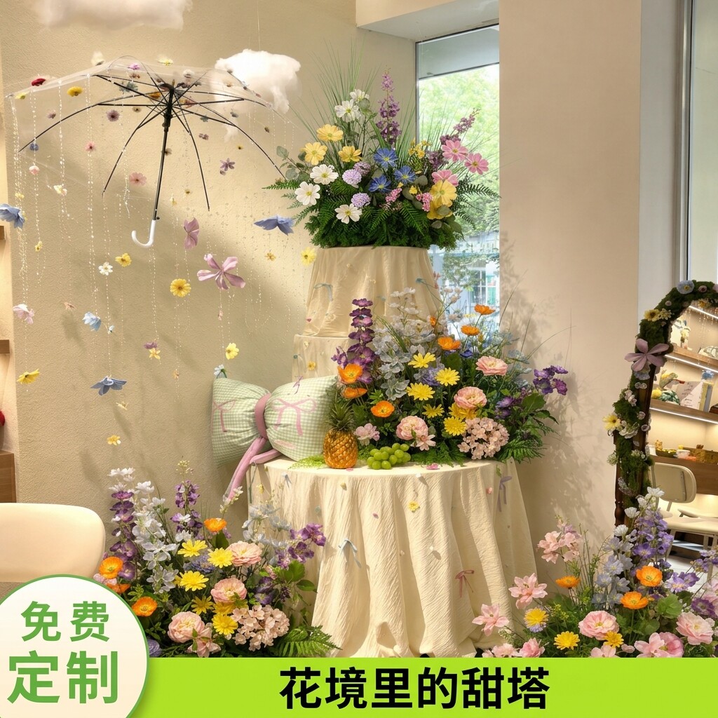 莫奈花园仿真花艺法式布艺蛋糕塔