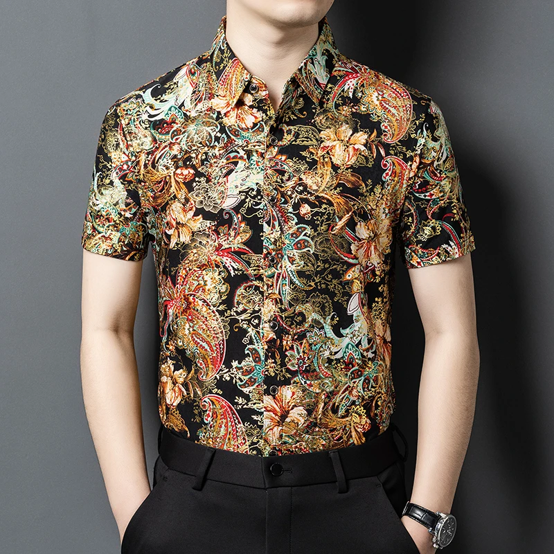 浅鲨男装服饰桑蚕丝花衬衫短袖