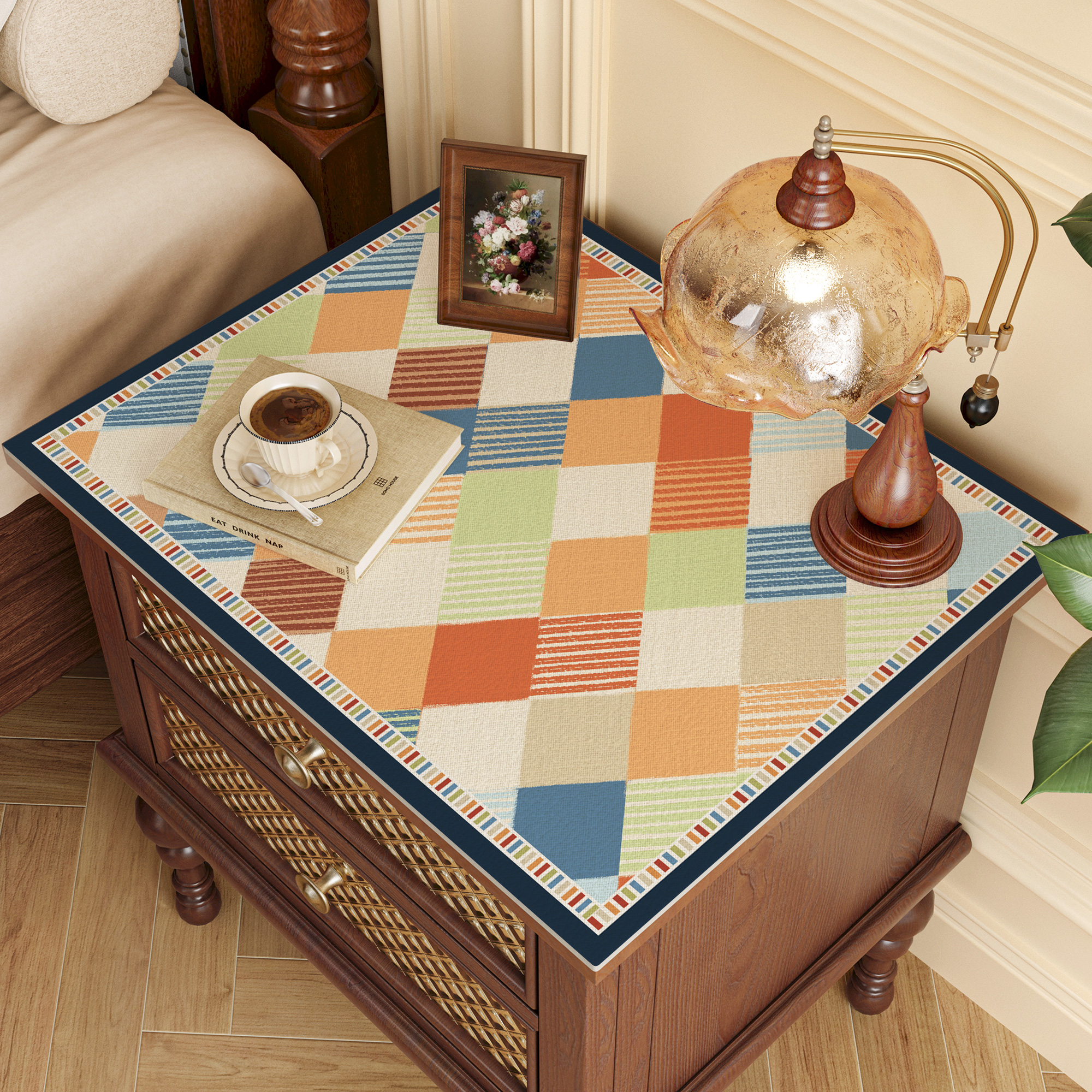 美式床头柜垫子盖布边几垫方巾轻奢防水高级感免洗皮革桌布防尘罩