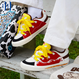 顽刻官方面包鞋 火焰印花红白拼色BAKE男女国潮休闲滑板鞋