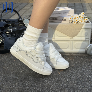 顽刻ollieskate亮晶晶星星小白鞋 麂皮帆布拼接BAKE男女国潮面包鞋