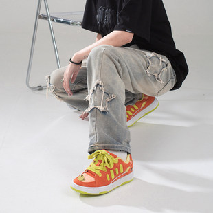 顽刻官方冷粘面包鞋 翻毛皮橙绿撞色拼接BAKE复古休闲男女滑板鞋