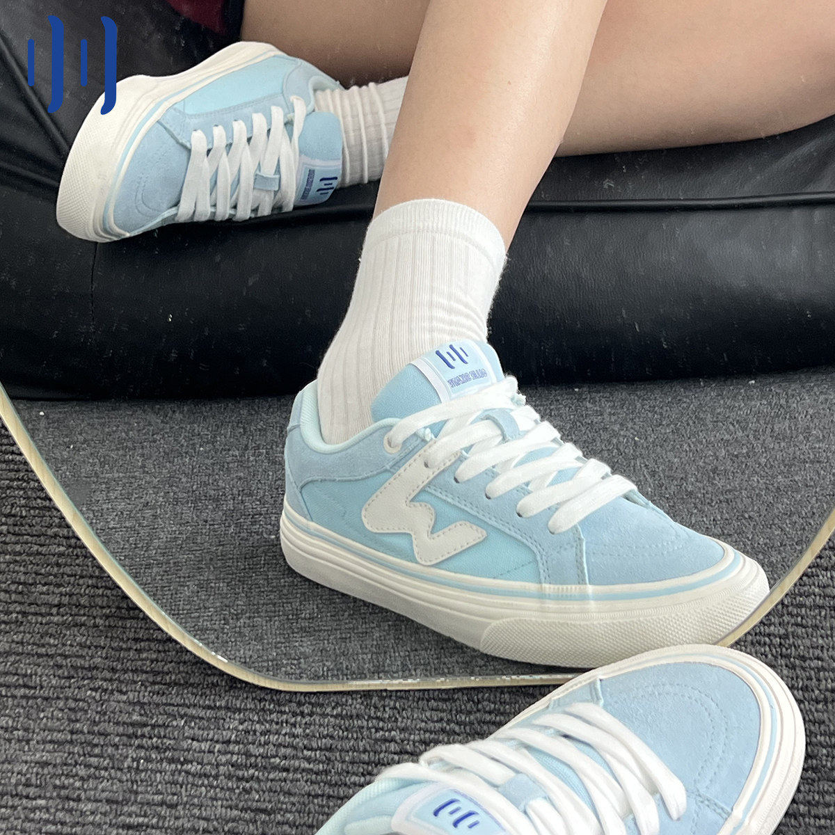 顽刻官方海水蓝春季校园风W系列翻毛皮帆布拼接男女国潮滑板鞋