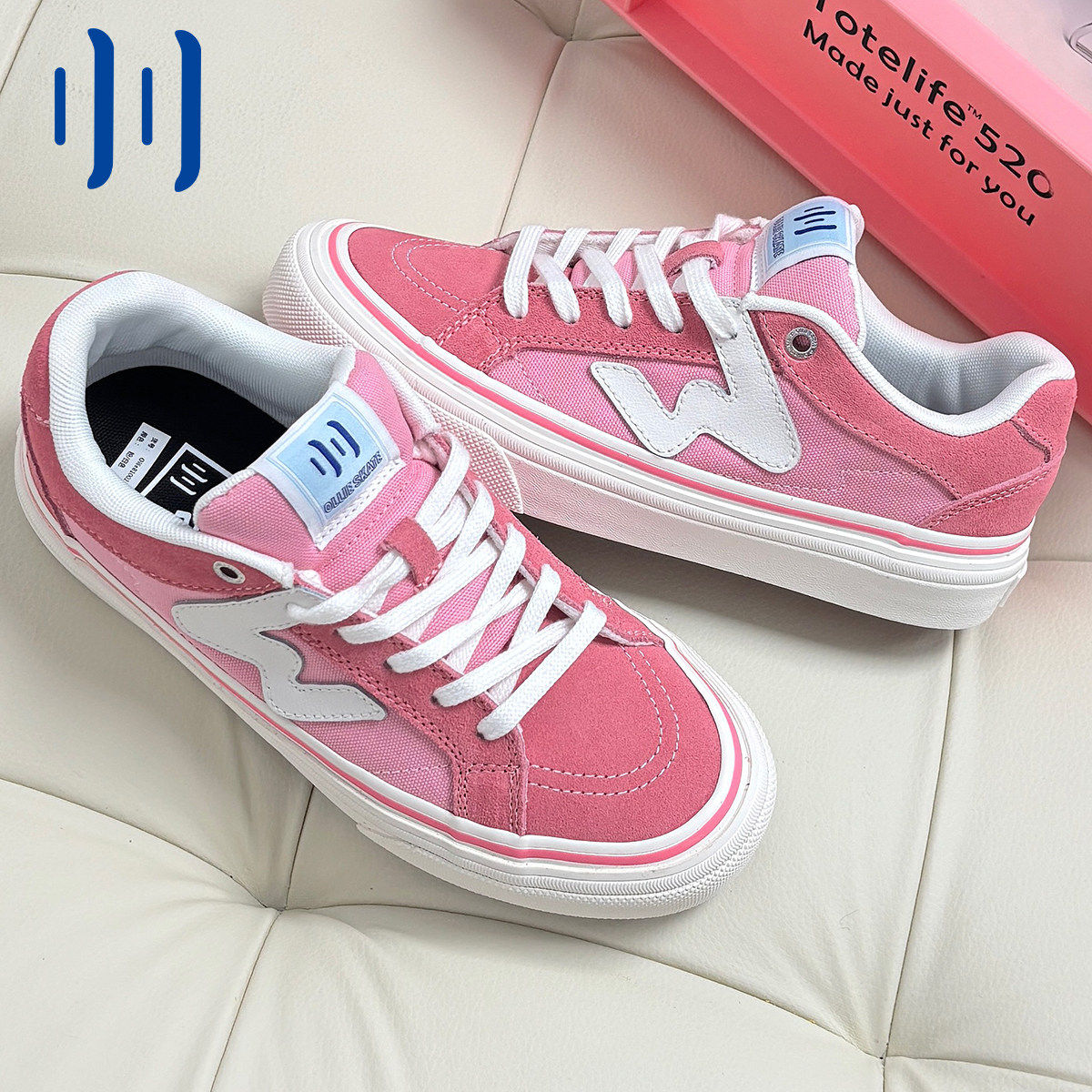 顽刻官方樱花粉春季校园风W系列翻毛皮帆布拼接男女国潮滑板鞋