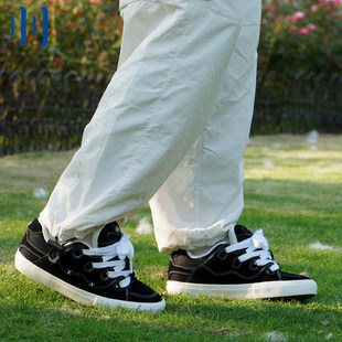 顽刻官方面包鞋 黑色翻毛皮拼接复古BAKE男女国潮滑板鞋