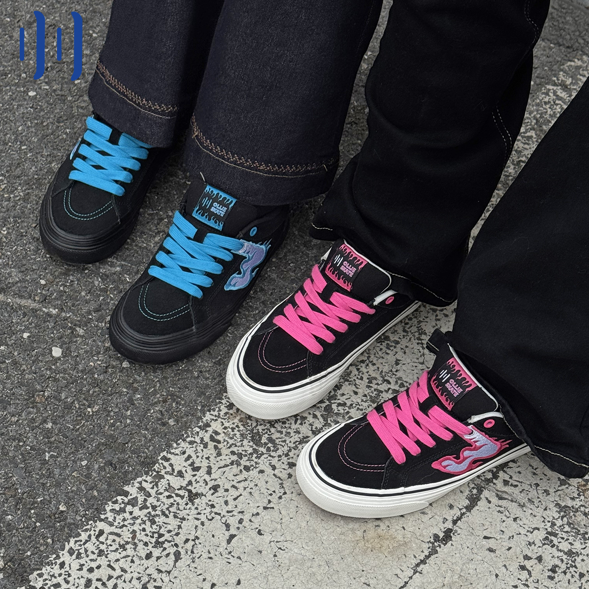 顽刻官方黑蓝/粉火焰图案配色W系列冬季校园风低帮男女国潮滑板鞋