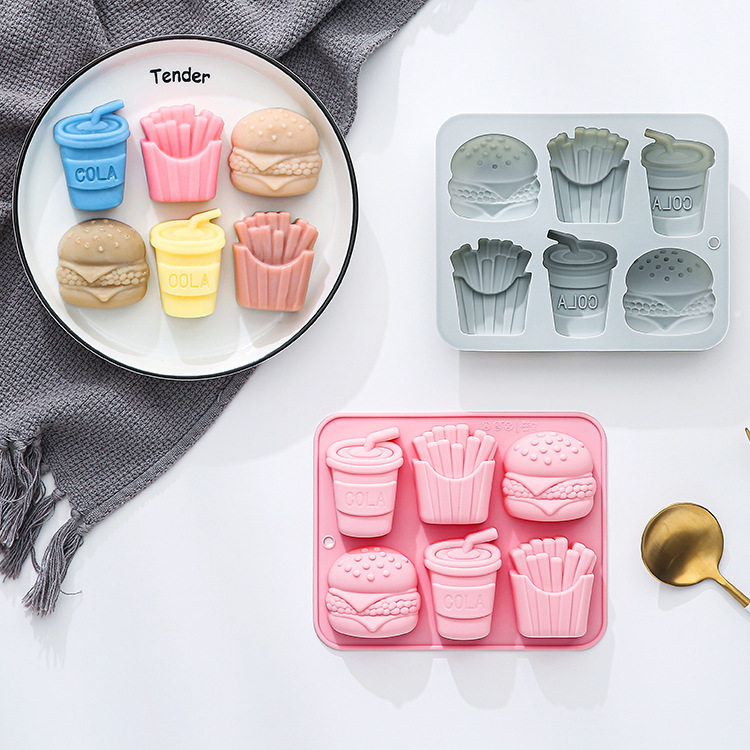 6连汉堡薯条可乐造型硅胶冰格diy巧克力果冻烘焙模具滴胶手工皂模