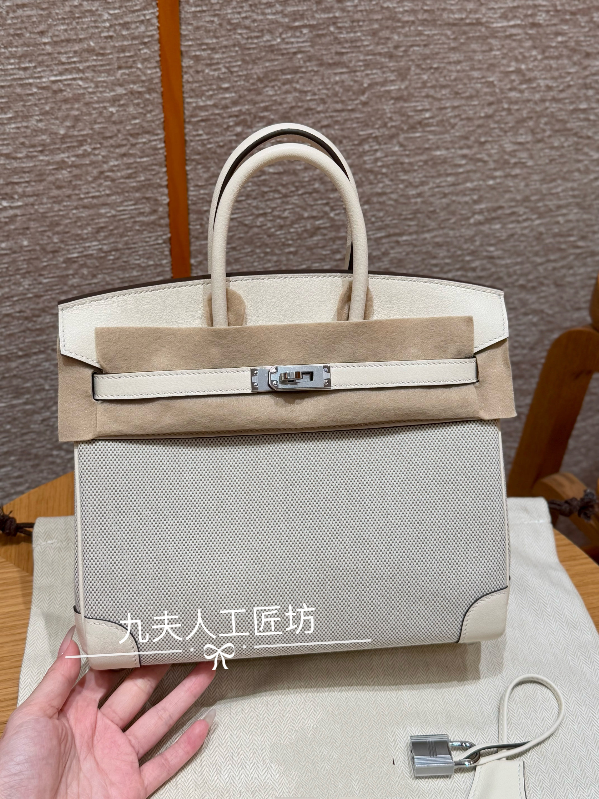 九夫人高定bk25帆布拼皮toile铂金包原厂奶油白色swift皮手提包
